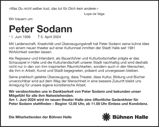 Traueranzeige von Peter Sodann von Mitteldeutsche Zeitung Halle/Saalkreis