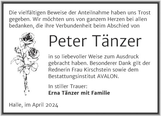 Traueranzeige von Peter Tänzer von Mitteldeutsche Zeitung Halle/Saalkreis