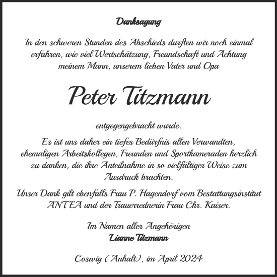 Traueranzeige von Peter Titzmann von Trauerkombi Wittenberg