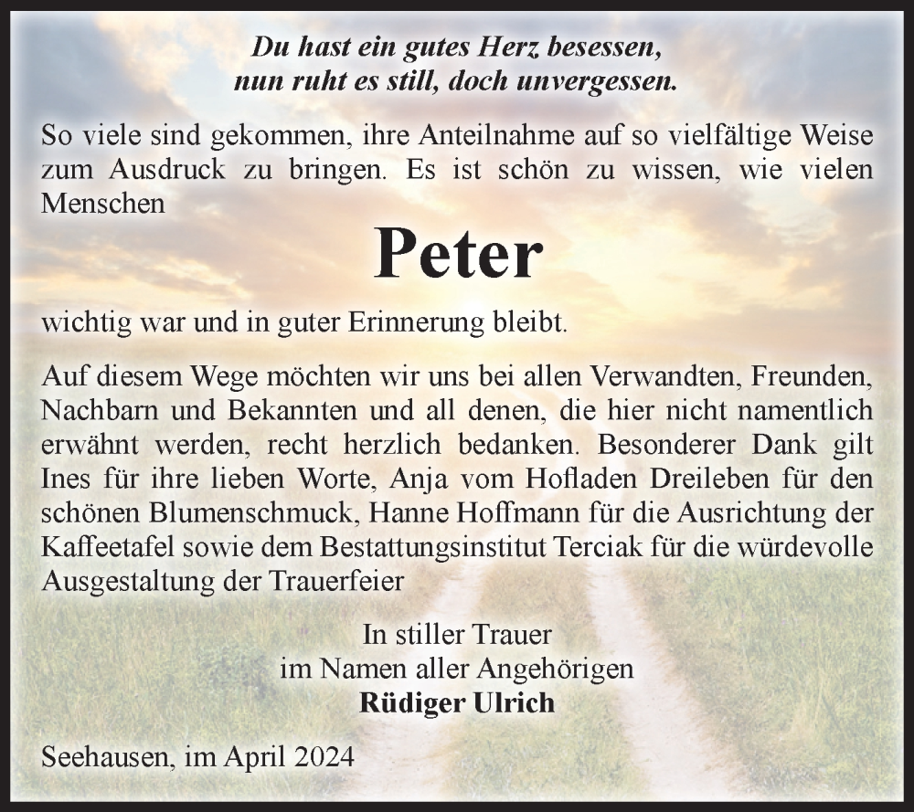  Traueranzeige für Peter Ulrich vom 20.04.2024 aus Volksstimme Oschersleben/Wanzleben