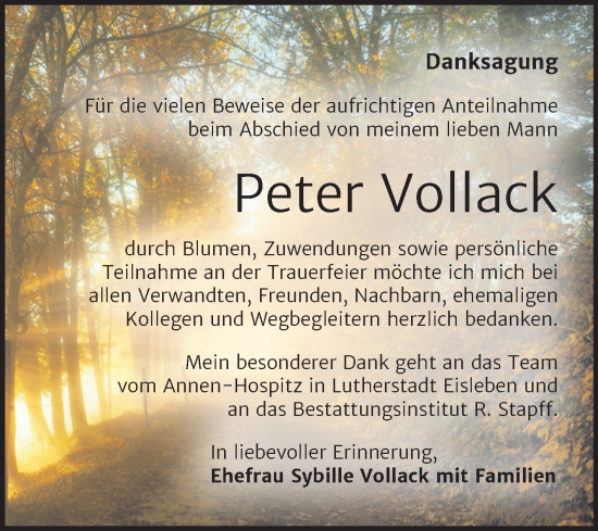 Traueranzeige von Peter Vollack von Trauerkombi Mansfelder Land