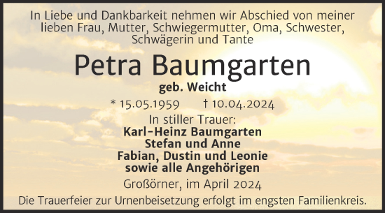 Traueranzeige von Petra Baumgarten von Trauerkombi Mansfelder Land