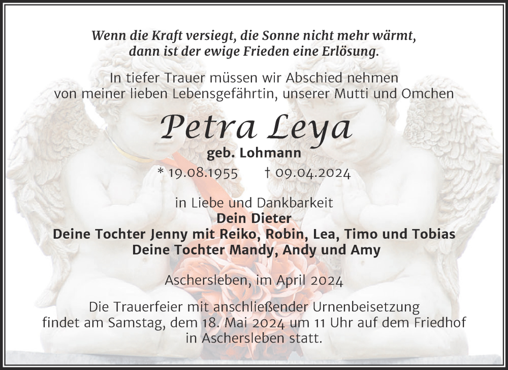  Traueranzeige für Petra Leya vom 20.04.2024 aus Trauerkombi Aschersleben