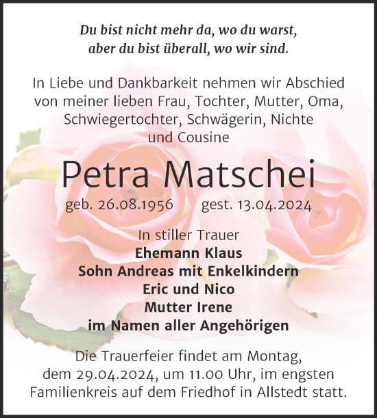 Traueranzeige von Petra Matschei von Trauerkombi Sangerhausen