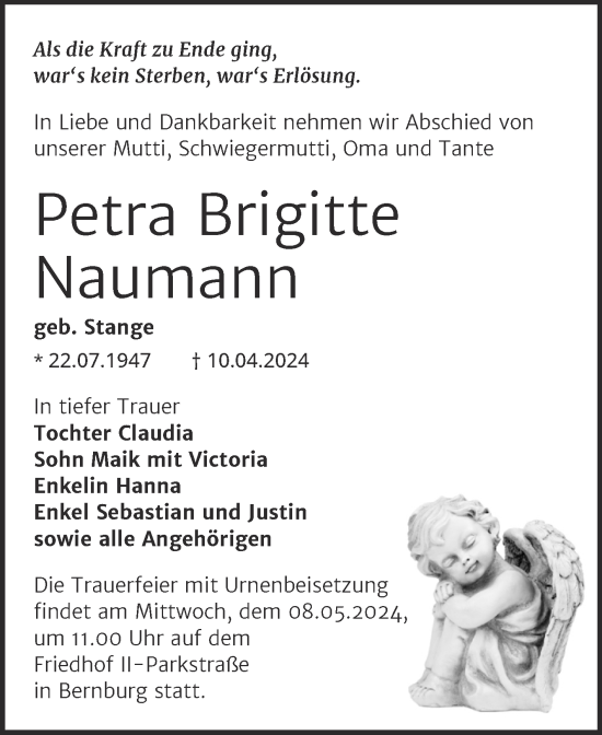 Traueranzeige von Petra Brigitte Naumann von Trauerkombi Bernburg