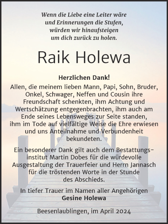 Traueranzeige von Raik Holewa von Trauerkombi Bernburg