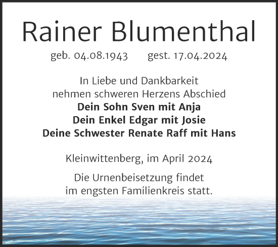 Traueranzeige von Rainer Blumenthal von Trauerkombi Wittenberg