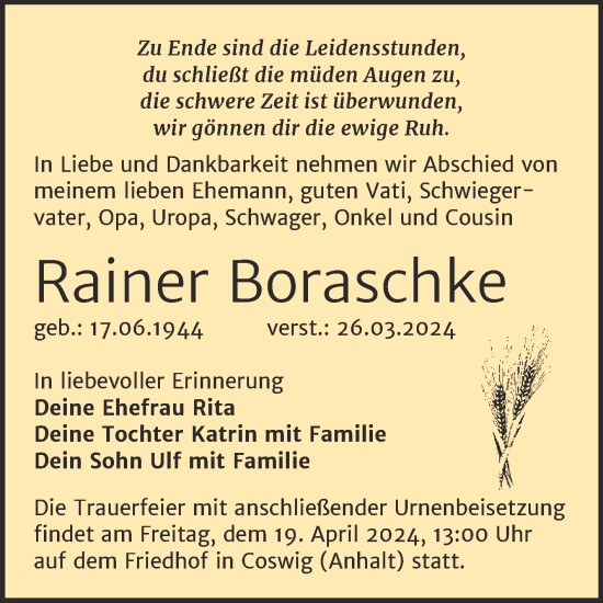 Traueranzeige von Rainer Boraschke von Trauerkombi Wittenberg