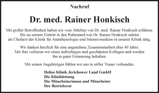 Traueranzeige von Rainer Honkisch von Volksstimme Burg/Genthin