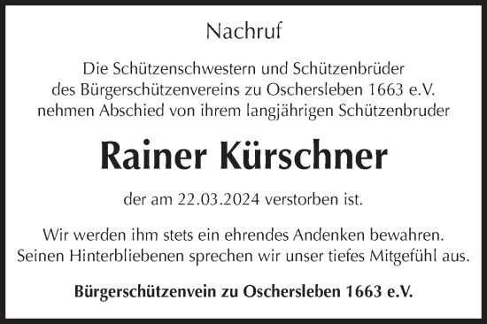 Traueranzeige von Rainer Kürschner von Volksstimme Oschersleben/Wanzleben