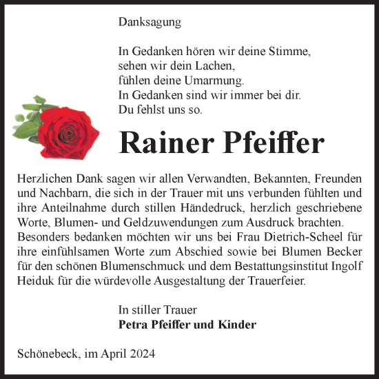 Traueranzeige von Rainer Pfeiffer von Volksstimme Schönebeck