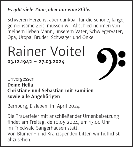 Traueranzeige von Rainer Voitel von Trauerkombi Sangerhausen