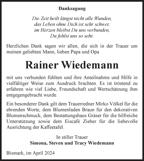Traueranzeige von Rainer Wiedemann von Volksstimme Altmark Ost
