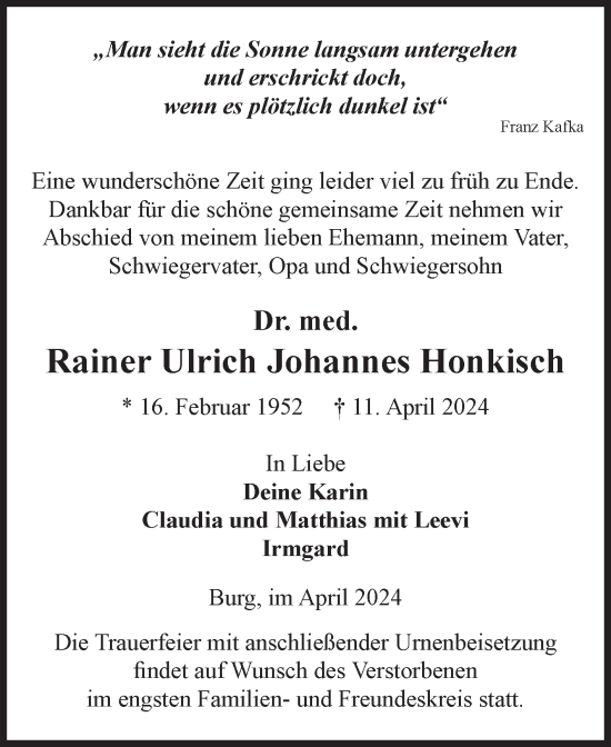 Traueranzeige von Rainer Ulrich Johannes Honkisch von Volksstimme Burg/Genthin