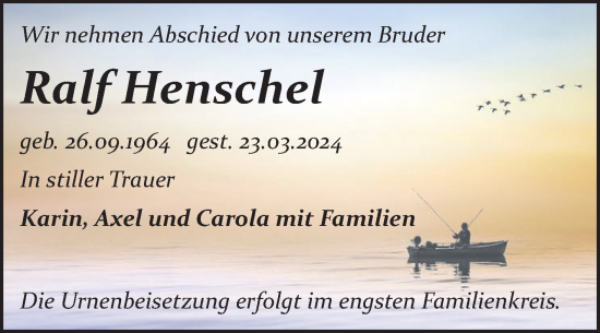 Traueranzeige von Ralf Henschel von Trauerkombi Bitterfeld