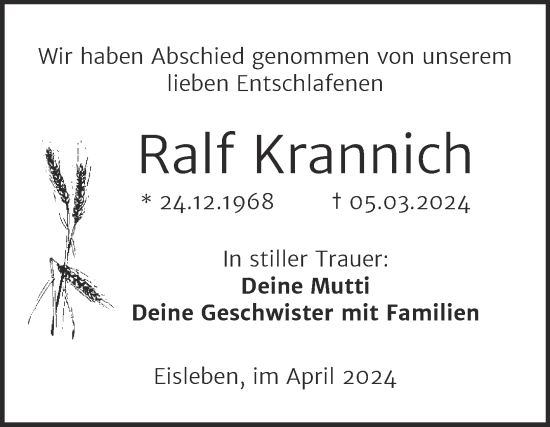 Traueranzeige von Ralf Krannich von Trauerkombi Mansfelder Land