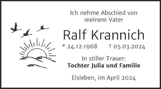 Traueranzeige von Ralf Krannich von Trauerkombi Mansfelder Land