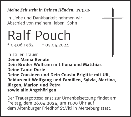 Traueranzeige von Ralf Pouch von Trauerkombi Merseburg