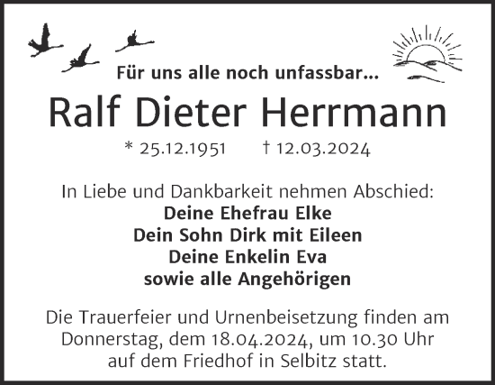 Traueranzeige von Ralf Dieter Herrmann von Trauerkombi Wittenberg