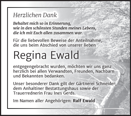 Traueranzeige von Regina Ewald von Trauerkombi Dessau