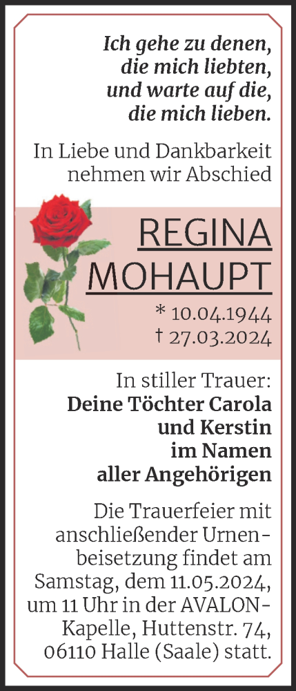 Traueranzeige von Regina Mohaupt von Mitteldeutsche Zeitung Halle/Saalkreis