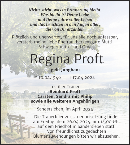 Traueranzeige von Regina Proft von Trauerkombi Mansfelder Land