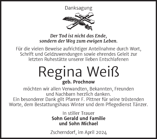 Traueranzeige von Regina Weiß von Trauerkombi Bitterfeld