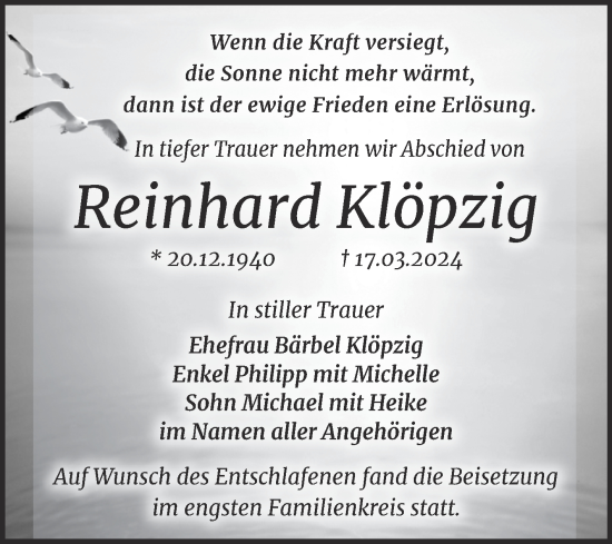 Traueranzeige von Reinhard Klöpzig von SuperSonntag Bitterfeld