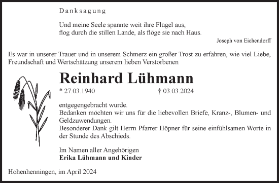 Traueranzeige von Reinhard Lühmann von Volksstimme Altmark West