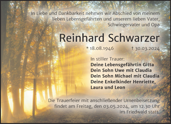 Traueranzeige von Reinhard Schwarzer von Trauerkombi Dessau