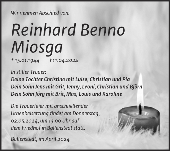 Traueranzeige von Reinhard Benno Miosga von Trauerkombi Quedlinburg