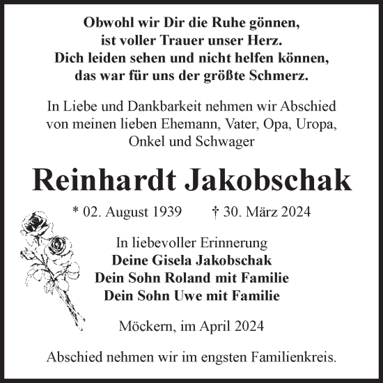 Traueranzeige von Reinhardt Jakobschak von Volksstimme Burg/Genthin