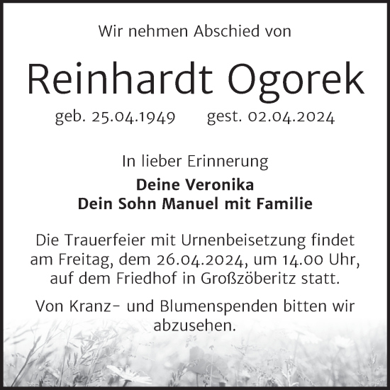 Traueranzeige von Reinhardt Ogorek von Trauerkombi Bitterfeld