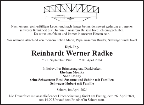 Traueranzeige von Reinhardt Werner Radke von Volksstimme Zerbst