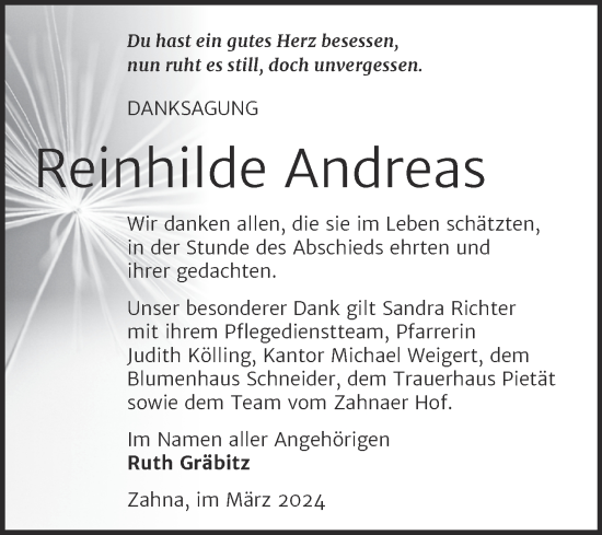 Traueranzeige von Reinhilde Andreas von Trauerkombi Wittenberg