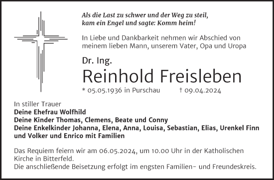 Traueranzeige von Reinhold Freisleben von Trauerkombi Bitterfeld