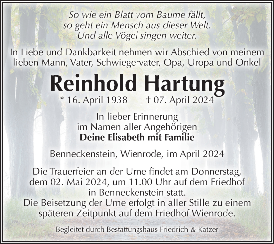 Traueranzeige von Reinhold Hartung von Volksstimme Wernigerode