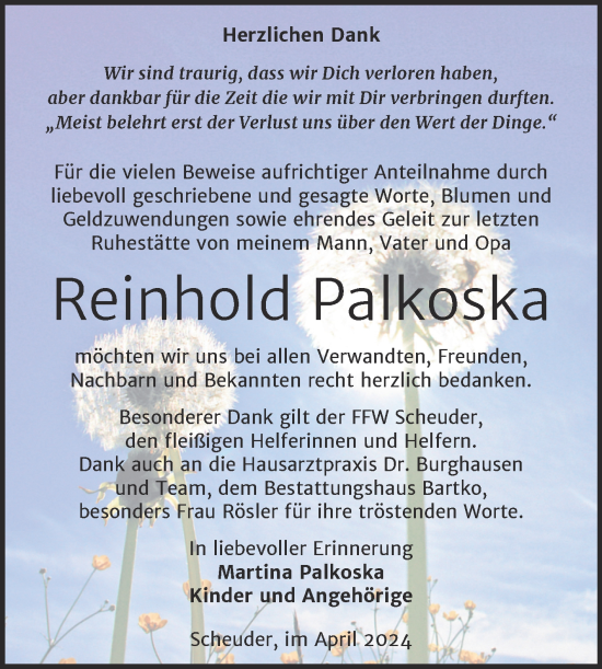 Traueranzeige von Reinhold Palkoska von Trauerkombi Köthen