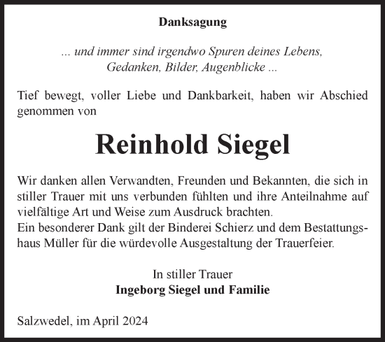 Traueranzeige von Reinhold Siegel von Volksstimme Altmark West