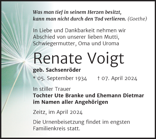 Traueranzeige von Renate Voigt von Trauerkombi Zeitz