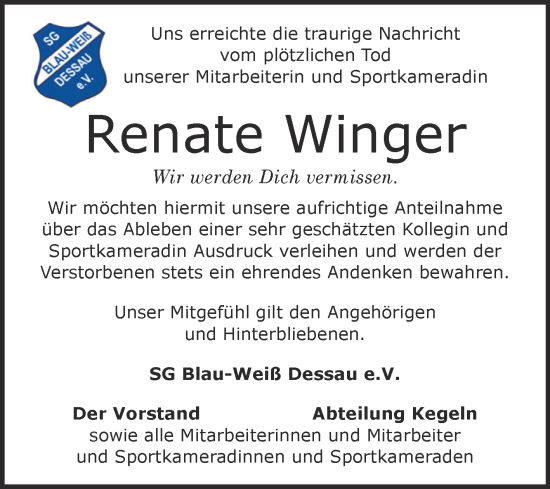 Traueranzeige von Renate Winger von Trauerkombi Dessau