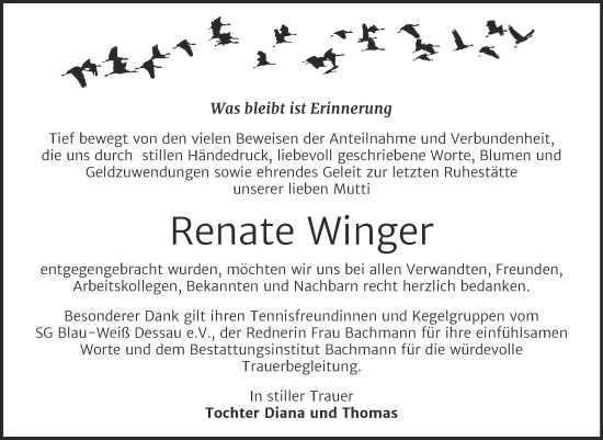 Traueranzeige von Renate Winger von Trauerkombi Dessau