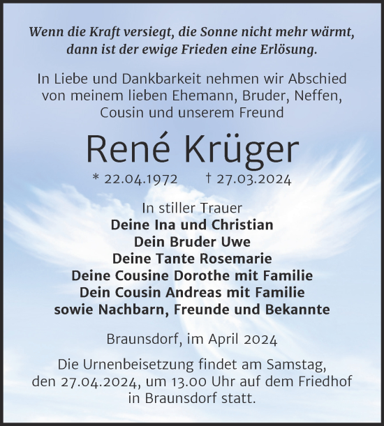 Traueranzeige von Rene Krüger von Trauerkombi Wittenberg