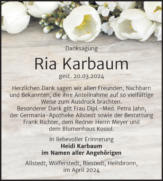 Traueranzeige von Ria Karbaum von Trauerkombi Sangerhausen