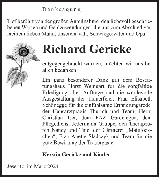 Traueranzeige von Richard Gericke von Volksstimme Altmark West