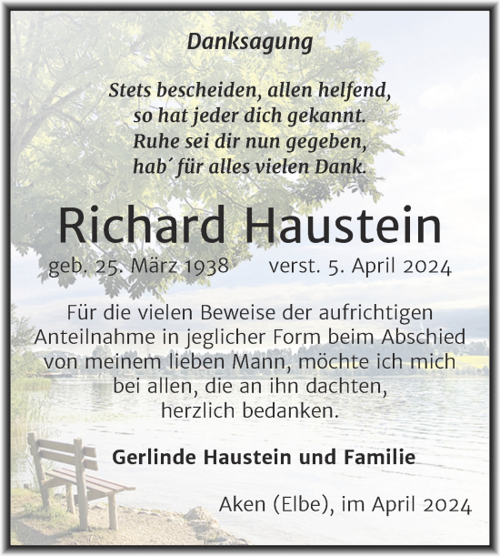 Traueranzeige von Richard Haustein von Trauerkombi Köthen