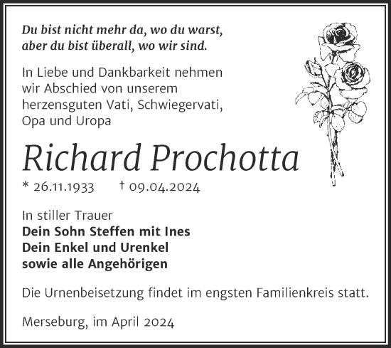 Traueranzeige von Richard Prochotta von Trauerkombi Merseburg