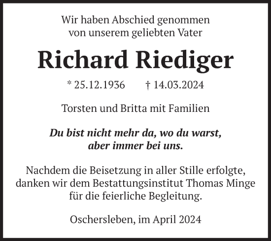 Traueranzeige von Richard Riediger von Volksstimme Oschersleben/Wanzleben