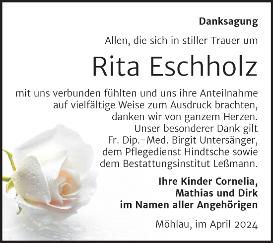 Traueranzeige von Rita Eschholz von Trauerkombi Wittenberg