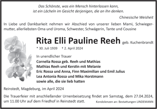 Traueranzeige von Rita Elli Pauline Reeh von Super Sonntag Aschersleben